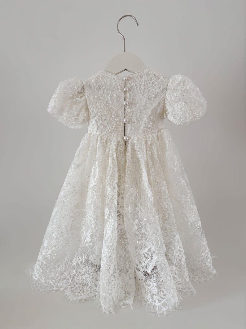 Pearl Beaded Lace Short Christening Dress Baby Girl Baptism Dress Flower Girl Dress Chantilly Lace/Bonnet/Booties image 5