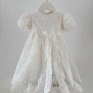 Pearl Beaded Lace Short Christening Dress Baby Girl Baptism Dress Flower Girl Dress Chantilly Lace/Bonnet/Booties image 2