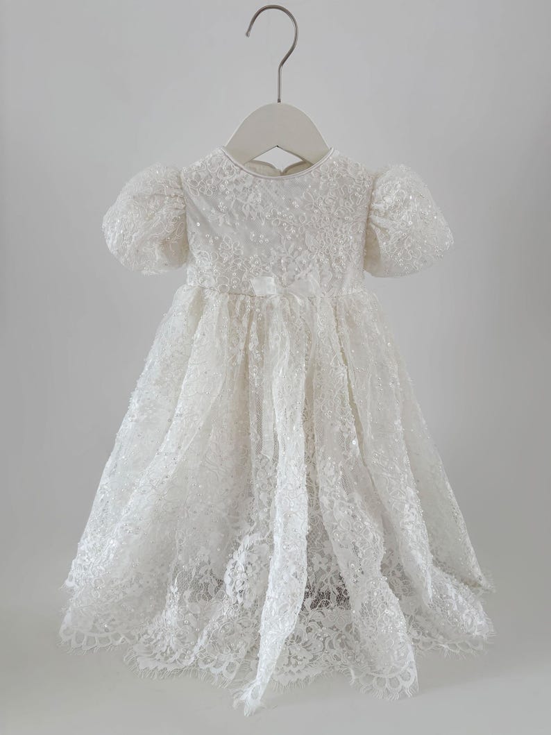 Pearl Beaded Lace Short Christening Dress Baby Girl Baptism Dress Flower Girl Dress Chantilly Lace/Bonnet/Booties image 2