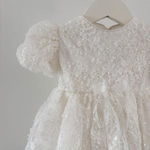 Pearl Beaded Lace Short Christening Dress Baby Girl Baptism Dress Flower Girl Dress Chantilly Lace/Bonnet/Booties image 4