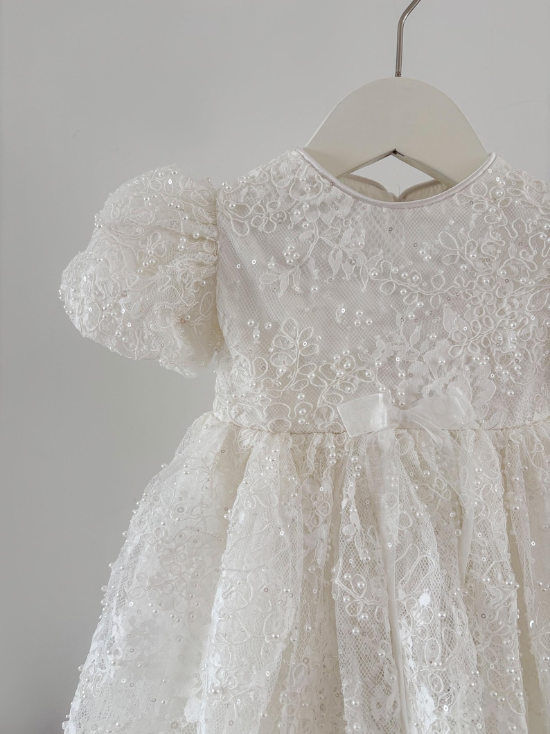 Pearl Beaded Lace Short Christening Dress Baby Girl Baptism Dress Flower Girl Dress Chantilly Lace/Bonnet/Booties image 4