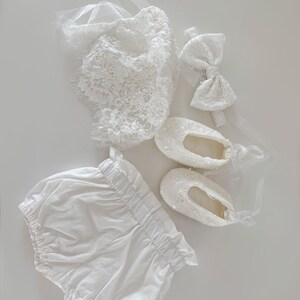 Pearl Beaded Lace Short Christening Dress Baby Girl Baptism Dress Flower Girl Dress Chantilly Lace/Bonnet/Booties image 8