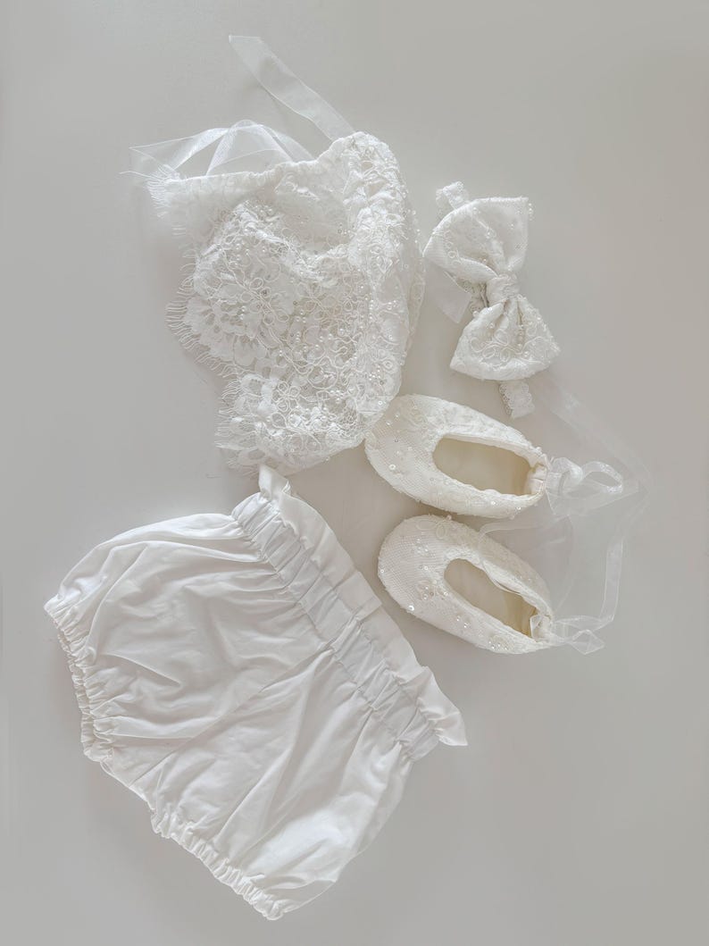 Pearl Beaded Lace Short Christening Dress Baby Girl Baptism Dress Flower Girl Dress Chantilly Lace/Bonnet/Booties image 8