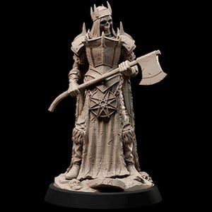 May include: A detailed figurine of a skeletal king, clad in armor and a crown, holding a large axe. The figure has intricate details, including a starburst design on the chest and a flowing robe. The color is a muted gray.