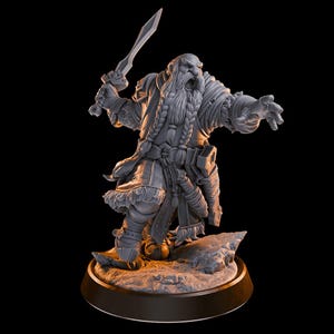 May include: A gray, detailed miniature figurine of a dwarf warrior holding a sword and wearing a fur-lined cloak. The figurine is standing on a rocky base.
