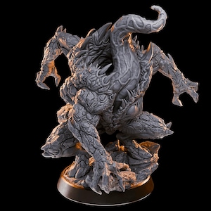 May include: A gray, detailed, 3D printed miniature of a monstrous creature with a twisted, elongated body and sharp claws. The creature is posed in a crouched position, with its tail curled around its body.