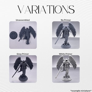 May include: Four variations of a grey plastic miniature angel figure. The figure is shown unassembled, with no primer, with grey primer, and with white primer. The figure is holding a sword and has wings.