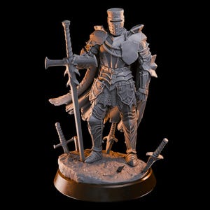 May include: A gray, detailed miniature of a knight in full armor, holding a sword. The knight stands on a round base with a textured surface. There are three smaller swords lying on the base.