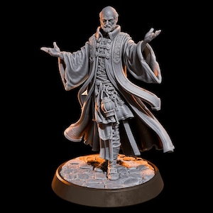 May include: A gray painted miniature figurine of a man wearing a long robe with intricate details. He has a long white beard and is holding his hands out in a gesture of blessing. The figurine is standing on a round base.