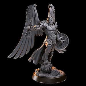 May include: A gray, detailed miniature figurine of an angel warrior with large wings, a helmet, and a shield. The figure is standing on a rocky base.