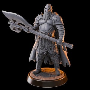 May include: A gray, detailed miniature figurine of a warrior wearing armor and a helmet with a horned design. The warrior is holding a large axe in their right hand. The figurine is standing on a round base.