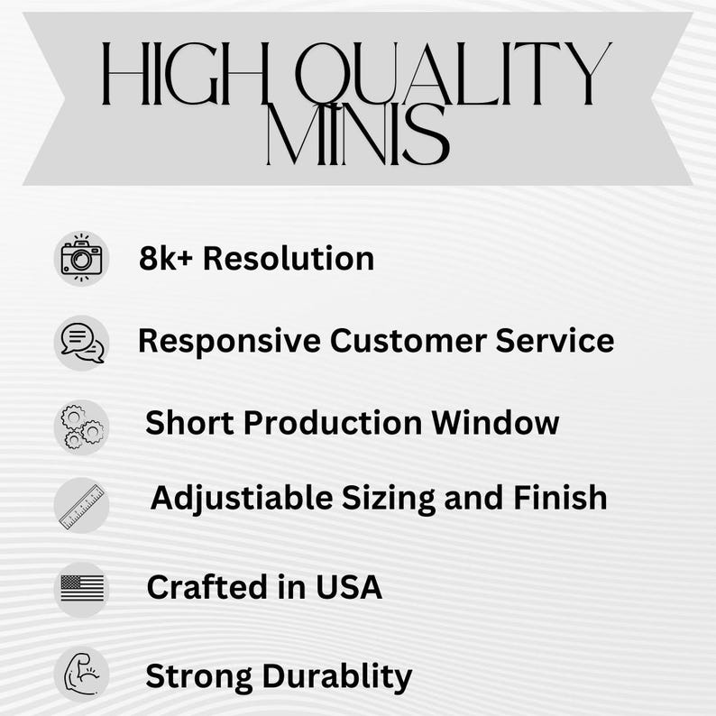 May include: A graphic with the text "HIGH QUALITY MINIS" at the top.  Below the text are six icons with descriptions: 8k+ Resolution, Responsive Customer Service, Short Production Window, Adjustable Sizing and Finish, Crafted in USA, and Strong Durability.