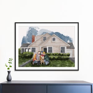 Huisschilderij op maat, huis met familieportret, gepersonaliseerd cadeau voor nieuw huis, makelaar sluitend cadeau, schilderij van foto, huistekening