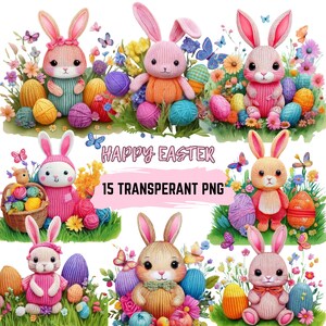 15 Ostern PNG Dateien, Digital Download, Bunny Clipart, Osterhasen aus Garn