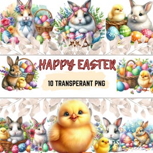 May include: Happy Easter! 10 transparent PNG images featuring cute bunnies, chicks, and baskets of colorful Easter eggs. Perfect for crafting, scrapbooking, and digital projects.