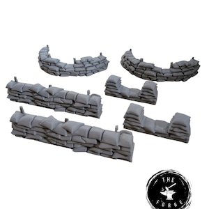 May include: A set of five grey sandbag walls, made of stacked sandbags, for use in tabletop wargaming or miniature gaming.