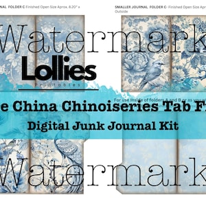 May include: Digital junk journal kit featuring blue and white Chinoiserie designs. The kit includes tab files with floral and bird illustrations. The text on the image reads "Blue China Chinoiseries Tab Files" and "Digital Junk Journal Kit".
