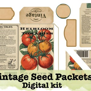 May include: A digital kit featuring vintage seed packets with various designs. The packets include illustrations of tomatoes, planting instructions, and decorative labels. The text "Vintage Seed Packets Digital kit" is displayed at the bottom.