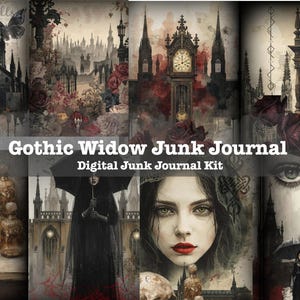 Può includere: Kit di diario digitale spazzatura intitolato "Gothic Widow". L'immagine presenta un collage di illustrazioni gotiche, tra cui un teschio, una donna con rossetto rosso ed elementi architettonici. La tavolozza dei colori include rossi scuri, neri e grigi.