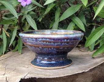Rutile and Woo Blue Bowl: Pottery Bowl with Tall Foot