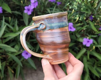 Wood Fired Swirl Mug with Woo Blue and Shino Glaze