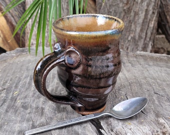 Wood Fired Tenmoku Black Brown Mug - Wood Fired Pottery Mug with Tenmoku Glaze - Handmade Coffee Mug - Pottery Tea Mug - Ready to Ship