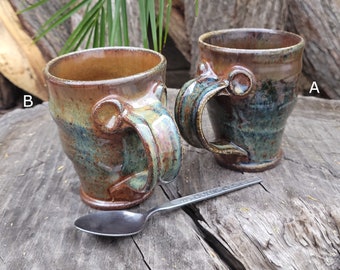 Wood Fired Blue and Golden Tan Mugs - Pottery Mug with Woo Blue Glaze - Handmade Wood fired Mug Single or Set of 2 - Mug Pair Ready to Ship