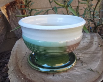 Oribe Green and White Planter - Handmade Planter with Drainage Plate - Green and White Ceramic Planter with Drainage