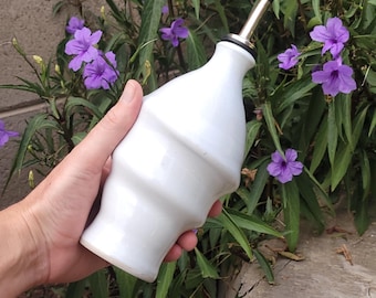 Snowy White Swirl Oil Bottle with Spout: Wheel-Thrown Pottery Bottle
