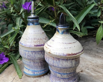 Lavender Pearl Pottery Oil Bottle: Handmade Cruet with Spout, Single or Set of 2.