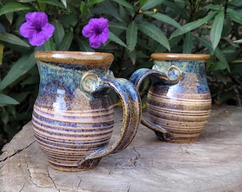 Rutile Blue and Tan Textured Mug: Handmade Pottery Cup