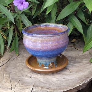 Rutile Blue Slipped Pottery Planter with Drainage; Handmade Plant Pot