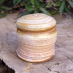 Handmade Pottery Jar: Honey Pearl Glaze, Purple Interior, Keepsake Box
