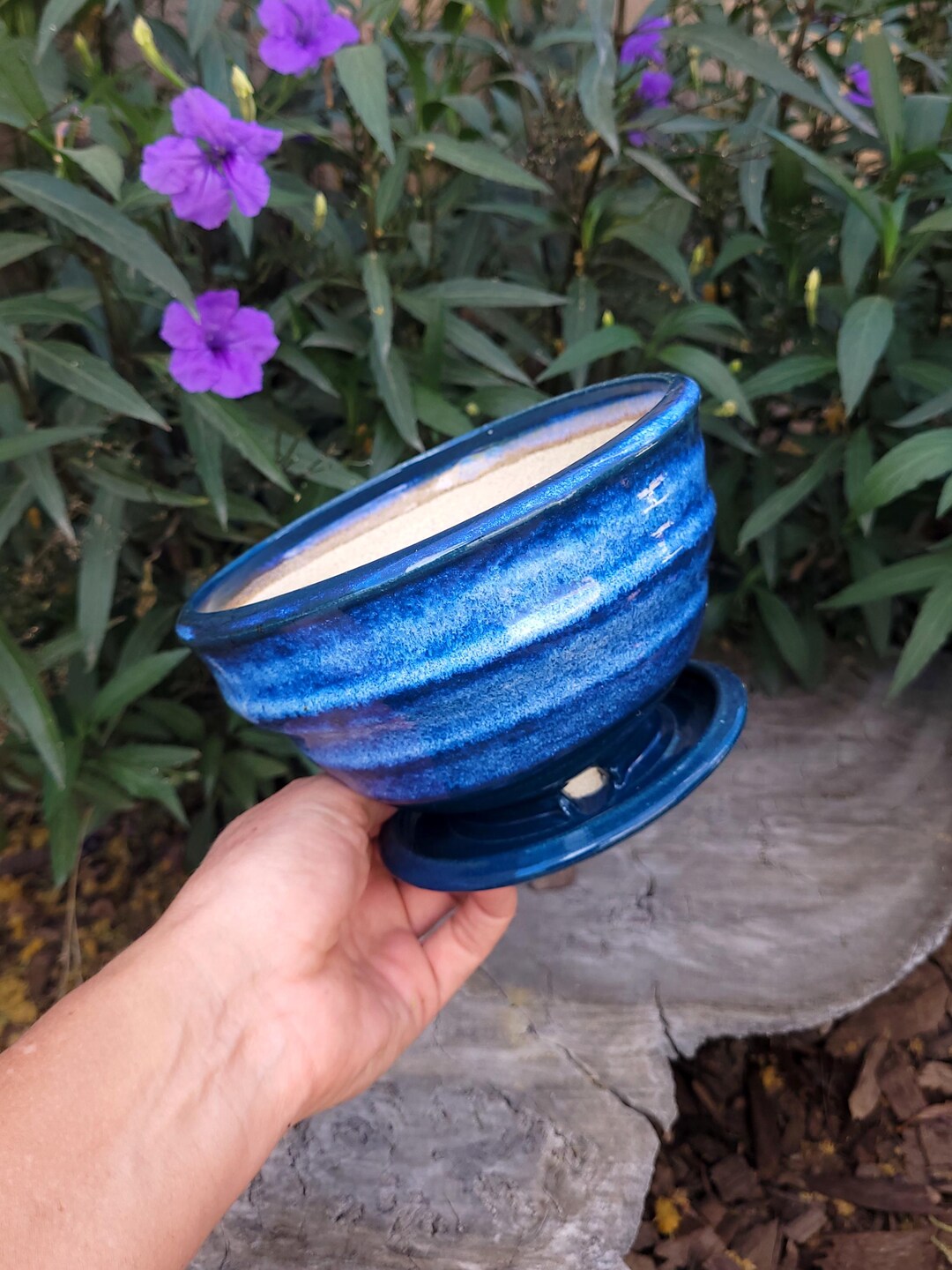 Handmade Pottery Planter: Blue Green Plant Pot With Attached Drainage ...