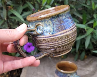Rutile Blue and Tan Textured Mug: Handmade Pottery Cup 9 Ounce
