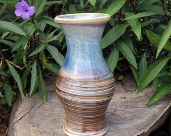 Wood Fired Woo Blue Slip Textured Vase: Handmade Pottery Flower Vase