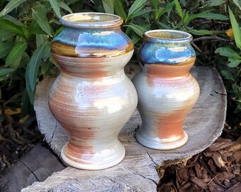 Wood Fired Pottery Vases with Red Flashing Slip and Woo Blue Glaze