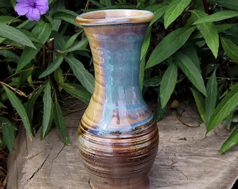 Wood Fired Woo Blue and Brown Slip Textured Vase: Handmade Pottery Flower Vase