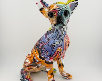 Rzeźba Chihuahua w stylu graffiti: abstrakcyjna figurka psa z żywicy w stylu pop-art