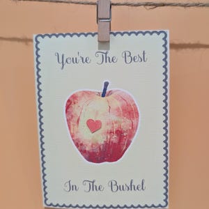 Handgemaakte Apple-kaartenset met Best In The Bushel op de voorkant.  3-D 'bedankt'-binnenkant met ruimte voor een bericht.