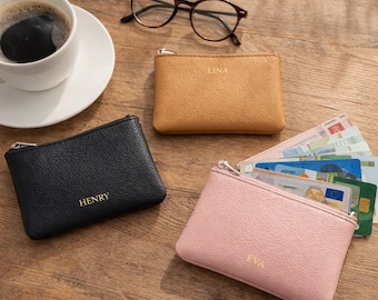 Personalisierte Leder Geldbörse, benutzerdefinierte Name Reißverschluss Beutel, Mini Brieftasche, Geschenk für sie