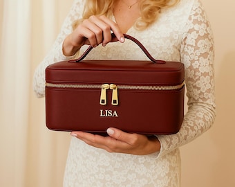 Personalized Leather Cosmetic Bag Set: Burgundy Travel Organizer, Clutch Pouches