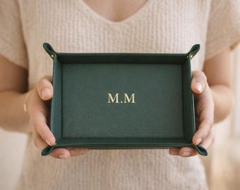 Vassoio in pelle personalizzato - Portaoggetti con nome personalizzato / Portaoggetti con stampa in oro goffrato / Regalo in vera pelle per scrivania e casa