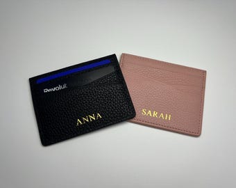 Tarjetero personalizado de piel auténtica, billetera fina con grabado personalizado, regalo con monograma, billetera minimalista para hombre y mujer.
