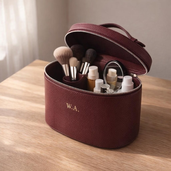 Personalized Leather Makeup Bag | Custom Initials Travel Cosmetics Case
