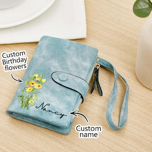 Cartera floral personalizada para mujer, diseño con nombre y flor de nacimiento, cartera compacta para mujer, regalo de cumpleaños para mamá o mejor amiga.