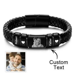 Custom Photo Engraved Leather Bracelet – Personalized Gift for Men – Unique Father’s Day Keepsake with Name or Photo – Stylish & Sentimental