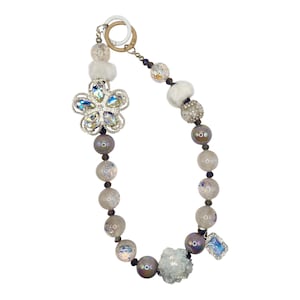 White & Gray Beaded Wristlet: Crystal Flower, Diamond Charm Phone Strap