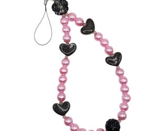 Y2K Phone Charm: Black Heart & Pink Beaded Wrist Strap