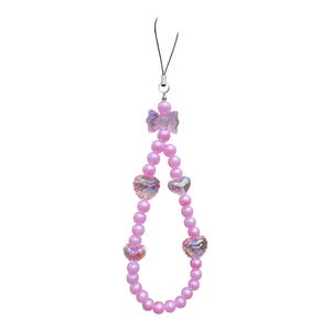 Pink Beaded Phone Charm: Y2K Iridescent Heart & Star Wrist Strap